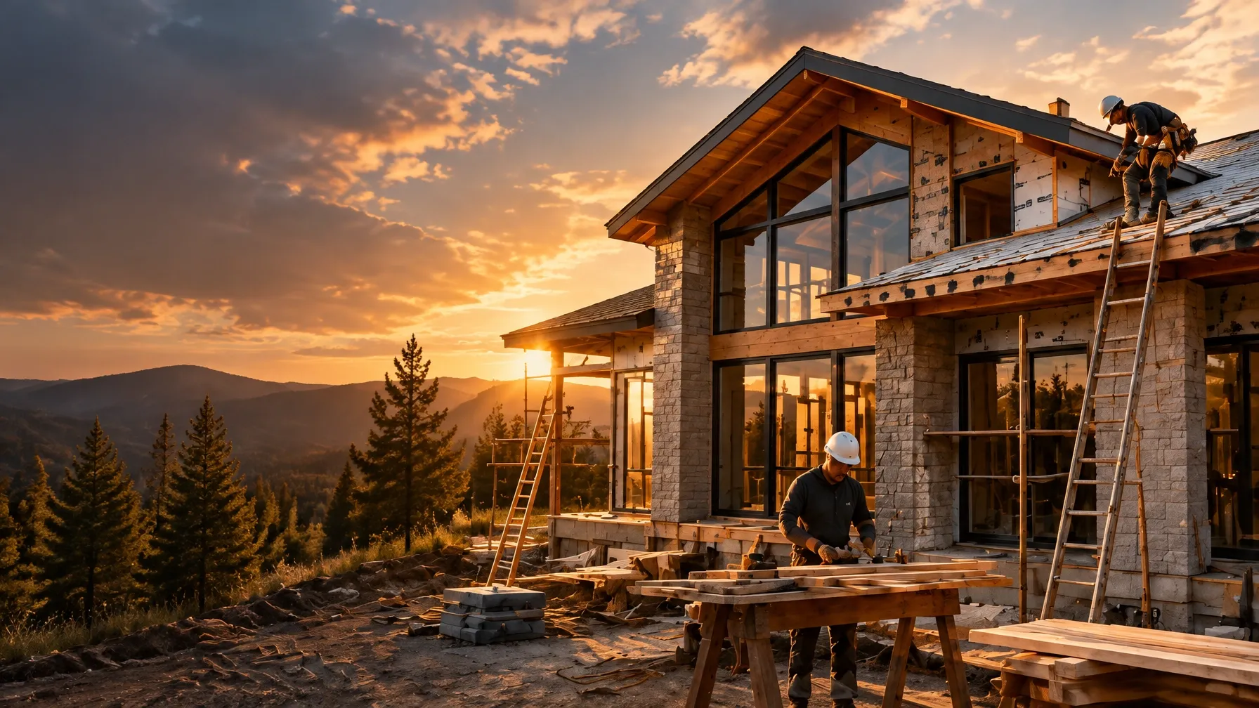 Custom home under construction at sunset with craftspeople at work