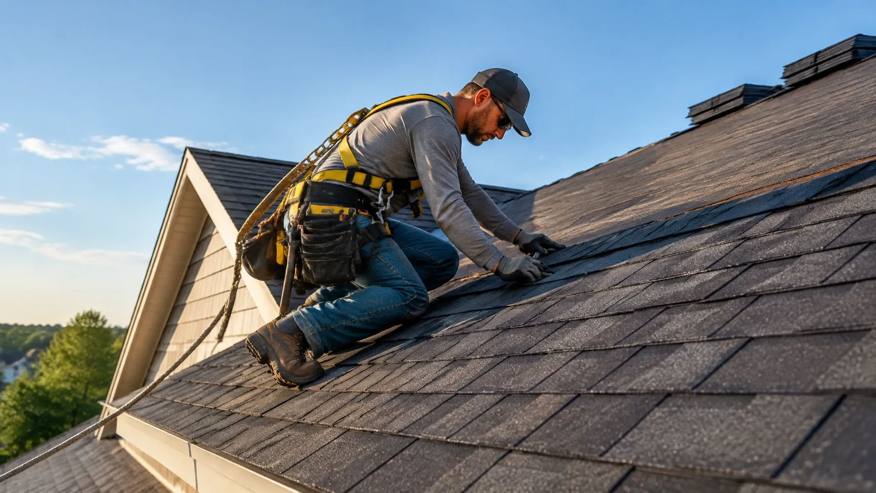 Roofer installing dark shingles
